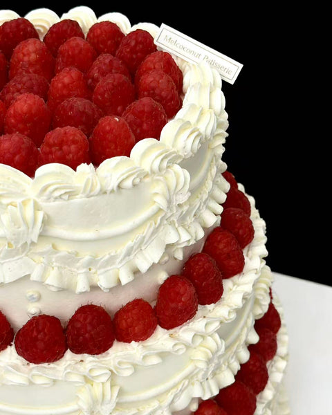 Retro Style Cream Piping with Raspberry Wedding Cake