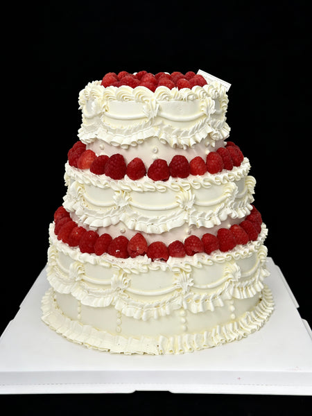 Retro Style Cream Piping with Raspberry Wedding Cake