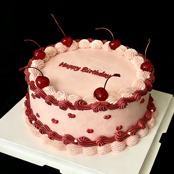 Retro-style Piping Cake with Cherry 复古樱桃奶油裱花蛋糕